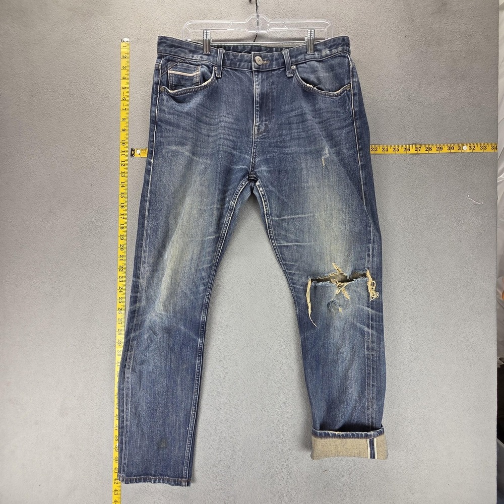 SPAO Jeans Mens Blue Selvedge Thrashed Whiskers Honeycomb‎ Zip Fly Fits 34x30